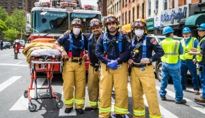 EMS workers standing in front of a fire truck