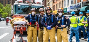 firefighters in uniform stand in front of a firetruck