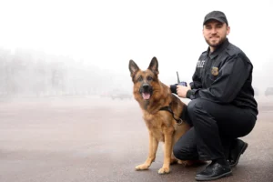 a young policer officer in uniform kneels next to his german shepherd dog