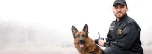 a young policer officer in uniform kneels next to his german shepherd dog