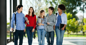 College students walking together outside