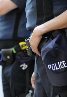 closeup of a line of police officers