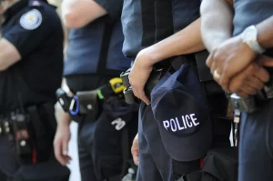 closeup of a line of police officers