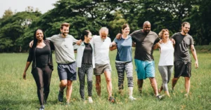 group of people walking outside with their arms linked