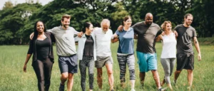 group of people walking outside with their arms linked