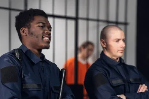 two corrections officers stand in front of a jail cell