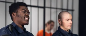 two corrections officers stand in front of a jail cell