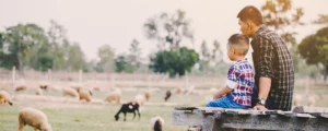 father and young son sit in a farm field looking at their sheep and goats