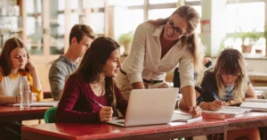 a smiling teacher helps students with their work