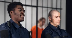 two corrections officers stand in front of a jail cell