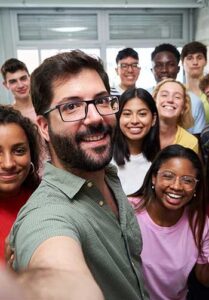 a group of college students take a selfie in a classroom