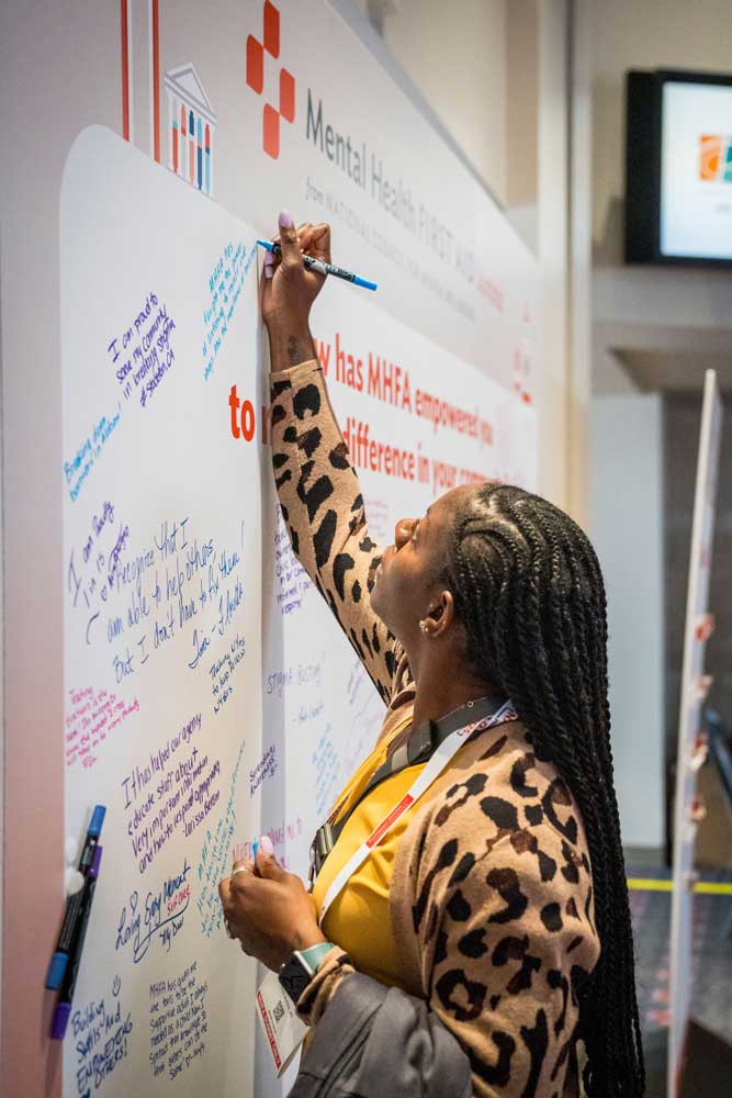 a woman writes on a whiteboard