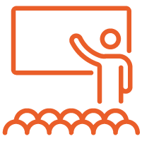 an icon of a person standing at a board in front of an audience