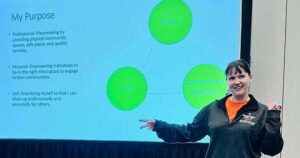 a woman teaches at the front of the classroom